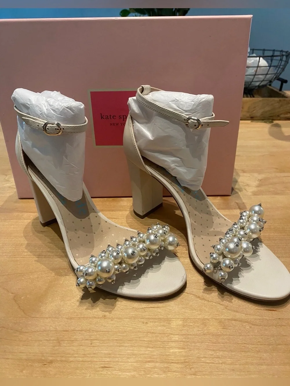 Kate Spade Ivory Pearl Embellished Block Heel Sandals